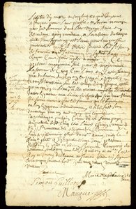 Pälshandelskontrakt mellan Francois Francoeur och fyra resenärer för transport av varor och köp av bäverskinn i Michilimackinac och Chicago, 1692 (se även 332318) av French School