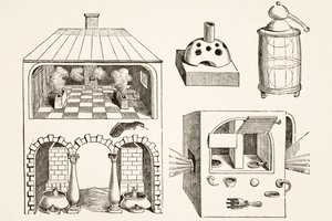 Ugnar och olika apparater som används av kemister och alkemister under medeltiden, efter en gravering av Vriese, från vetenskap och litteratur under medeltiden av Paul Lacroix Pub. London 1878 av French School