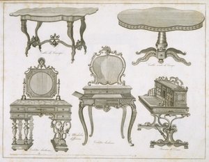 Möbeldesign av Lefevre-Chauveaux, från Album Dessins de Meubles, svartvit gravyr av French School
