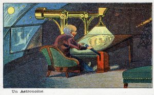 Futuredays: A Nineteenth Century Vision of the Year 2000-serien: En astronom (arbetar med ett speciellt teleskop). Kromolitografi av Villemard av French School