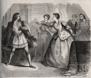 Gabrielle de Vergy bestrider sin fästman, Eudes de Fayel, som är avundsjuk på vänskapen hon har med sin kusin, Albert de Nozereau. Scen av en legend från 1100-talet. Gravyr från 1871 i "Histoire Des Cocus Celebres"" av Henry de Kock (1819-1892). av French School