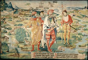 Galathes, 11:e kungen av gallerna med en karta över Gallien bakom, detalj från en gobeläng om historien om gallernas kungar, Arras Workshop, ca 1530