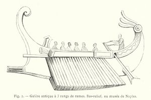 Forntida pentry med 3 rader åror, basrelief, i Neapel museum (gravyr) av French School