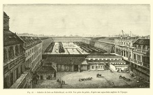 Trägallerier på Palais-Royal, 1828, Utsikt tagen från palatset, efter en engelsk aqua-tinta på den tiden av French School