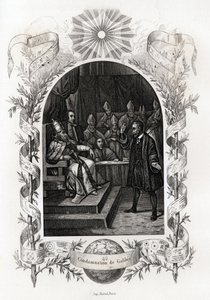 Galilee (eller Galileo Galilei (1564-1642)) före det heliga ämbetet i Vatikanen”” Astronomen dömdes av inkvisitionsdomstolen 1632. Gravyr för att illustrera Histoire des popes av Maurice Lachatre (1814-1900), librairie du progres, Paris. av French School