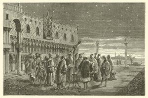 Galileo visar Jupiters satelliter till senatorerna i Venedig (gravyr) av French School