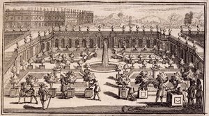 Trädgårdsmästare som arbetar i en apelsinträdgård, från Le Parfait Jardinier, eller Instruction pour les Jardins Fruitiers et Potager, av Jean de la Quintinye, publicerad 1695 av French School