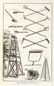 Trädgårdsredskap och en mobil beskärningsplattform, från Encyclopedie des Sciences et Metiers av Denis Diderot (1713-84) publicerad ca 1770 av French School