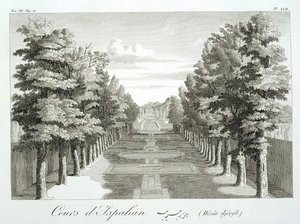Trädgårdarna i Tshehar-Bagh, Isfahan, från Voyages du Chevalier Chardin en Perse, et autres Lieux de l