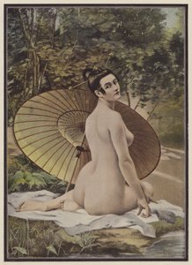 Geisha som tar ett bad (färg litho) av French School