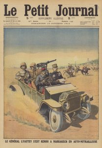 General Hubert Lyautey, generalbosatt i Franska Marocko, besöker Marrakech i en pansarvagn (lito i färg) av French School