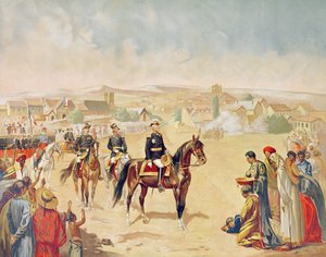 General Jacques Achille Duchesne (1837-1918) på väg in i Tananarive, Madagaskar, 1 oktober 1895 (färgad gravyr) av French School