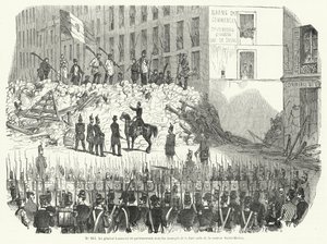 General Lamoriciere förhandlar med beväpnade arbetare som försvarar sin barrikad utanför Saint Martin-kasernen, Paris, 23 juni 1848 (gravyr) av French School