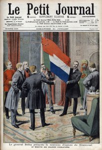 General Pieter Willem Botha (en Boer) presenterar Transvaals (Sydafrikas) nya flagga till den engelske kolonialministern Lord Elgin - I "Le Petit Journal" den 21 juli av French School