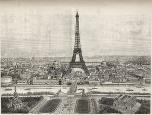 Översikt över världsutställningen i Paris 1889 med Eiffeltornet från Trocadero, gravyr - Översikt över världsutställningen i Paris 1889 med Eiffeltornet, gravyr i Le Monde illustrious de 1889 av French School