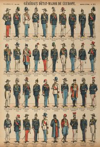 Generalstabsofficerare och uniformer för arméer från hela världen (färgad gravyr) av French School