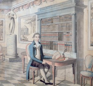 Gentleman läser i sitt bibliotek av French School