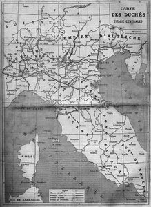 Geografisk karta över hertiginnan av centrala Italien 1860. Gravyr i "" Le Monde Illustré"" nr 143 av 7 januari 1860. av French School