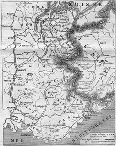 Geografisk karta över Duche de Savoie och greven av Nice av French School