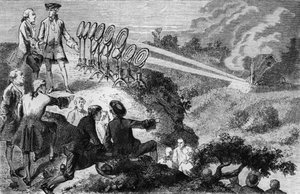 Georges-Louis Leclerc (1707-88) Greve de Buffon experimenterar med flammande speglar på höstackar vid Montbard, från La Vie des Savants Illustres av Louis Figuier, publicerad i Paris 1872 (bw p av French School