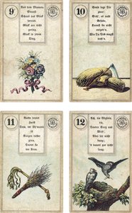 Tyska utgåvan av Lenormands franska kartomantäck: The Flowers, The Scythe, The Birch-rodThe Whip, The Birds, utgiven av Dondorf, Frankfurt, 1800-talet av French School