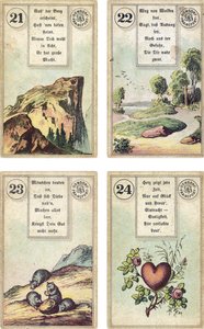 Tyska utgåvan av Lenormand French cartomancy deck: The Mountain, The Road, The Mice, The Heart, utgiven av Dondorf, Frankfurt, 1800-talet av French School