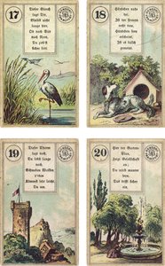 Tyska utgåvan av Lenormand French cartomancy däck: Storken, Hunden, Tornet, Trädgården, utgiven av Dondorf, Frankfurt, 1800-talet av French School