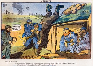Tysk soldat tillfångatagen av franska soldater som ett resultat av ett trick, tecknad serie från April Fools Day (Poisson dAvril) upplagan av La Baionette magazine, 29 mars 1917 av French School