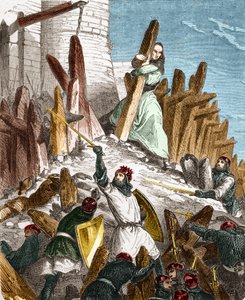 Geurre mot Hugues du Puiset av Louis le Gros: Attack av Chateau du Puiset (beläget i departementet Eure-et-Loir) av styrkorna av kungen av Frankrike LOUIS VI le Gros 1118. Gravyr i "Histoire De France En Hundra målningar av Paul Lehugeur av French School