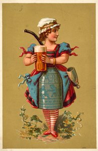 Flicka som håller ett stort glas öl (chromolitho) av French School
