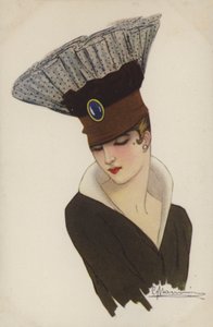 Flicka i extraordinär huvudbonad (färg litho) av French School