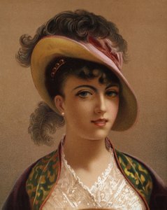 Flicka i rosa hatt (chromolitho) av French School