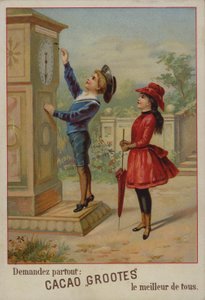Flicka som tittar på en pojke som justerar en klocka (chromolitho) av French School
