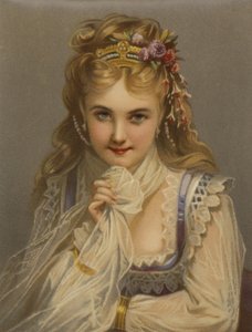 Flicka med blont hår, juveler, blommor och ett blygt leende (kromolit) av French School