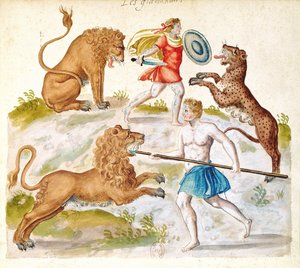 Gladiatorer som slåss med djur (wc på papper) av French School