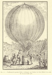 Uppblåsning av den första väteballongen, av Charles, bröderna Robert och en assistent, från 23 till 26 augusti 1783 (gravyr) av French School