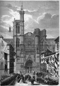 Gotisk arkitektur: utsikt över katedralen Notre Dame de Clermont Ferrand (Clermond-Ferrand), Puy de Dome (63), under besöket av Napoleon III och imponen Eugenie de Montijo 1862. Gravyr i "" Le Monde Illustré"" n °275 av 19 juli 1862. av French School
