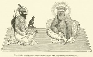 Govind Sing et Baba-Nanek, grundare av Sike-religionen (gravyr) av French School