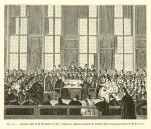 Stora salen i Sorbonne, 1732; efter originalmålningen av Gerard Terbourg, Louvrens storslagna galleri av French School