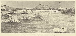 Stora sjömanövrar 1891, i hamnen i Toulon; skvadronen tvingar fram passet (gravyr) av French School