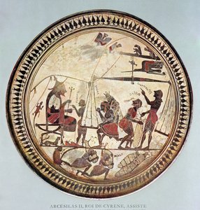 Grekisk bägare föreställande Arcesilas II, kung av Cyrene (ca 560-550 f.Kr.) som tittar på vägningen och lastningen av silphium, kopia av ett original från 600-talet f.Kr. av French School