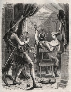 Grekisk mytologi: "" Detta rop kom från Paris"". Paris överraskar Helene med Peritanus. Gravyr från 1871 i "Histoire Des Cocuses Celebres"" av Henry de Kock (1819-1892). av French School