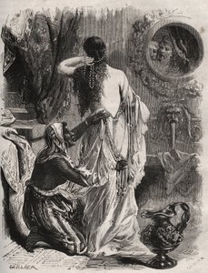 Grekisk mytologi: kungen av Lydie Candaule (eller Caudale) visar sin fru naken för sin förtrogne Gyges, gömmer sig i skuggorna när hon stänger upp sig i sovrummet. Gravyr från 1871 i "Histoire Des Cocus Celebres"" av Henry de Kock (1819-1892). av French School