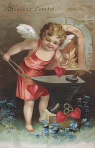 Gratulationskort som visar en kerub som skapar vänskapstecken i en smedja (chromolitho) av French School