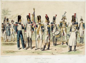 Grenadiers en fot av Napoleon I:s kejserliga garde (mellan 1804 och 1814). 1800-talsgravyr. Paris, Dekorativ konst av French School