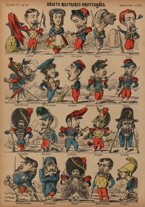 Groteska militärkarikatyrer (färgad gravyr) av French School