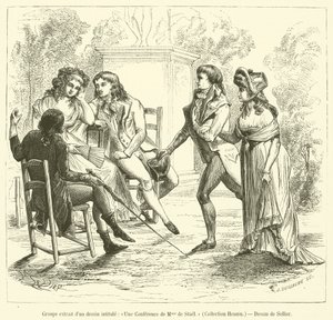 Grupp hämtad från en teckning med titeln Une Lecture de Madame de Stael, Collection Hennin (gravyr) av French School