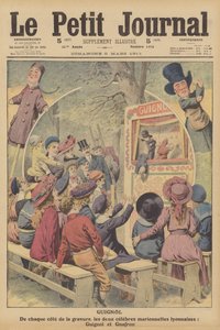 Guignol och Gnafron, berömda franska marionetter från en föreställning i Lyon (färglitografi) av French School