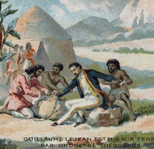 Guillaume Lejean, en fransk upptäcktsresande, sattes i bojor på order av kejsar Theodoros av Abessinien (nuvarande Etiopien). Kromolitografi av 1800-talet. av French School