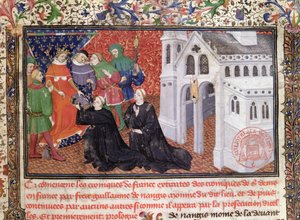 Guillaume de Nangis (d.130003) presenterar sin bok för Philippe IV (1268-1314) le Bel, kung av Frankrike 1285-1314 av French School
